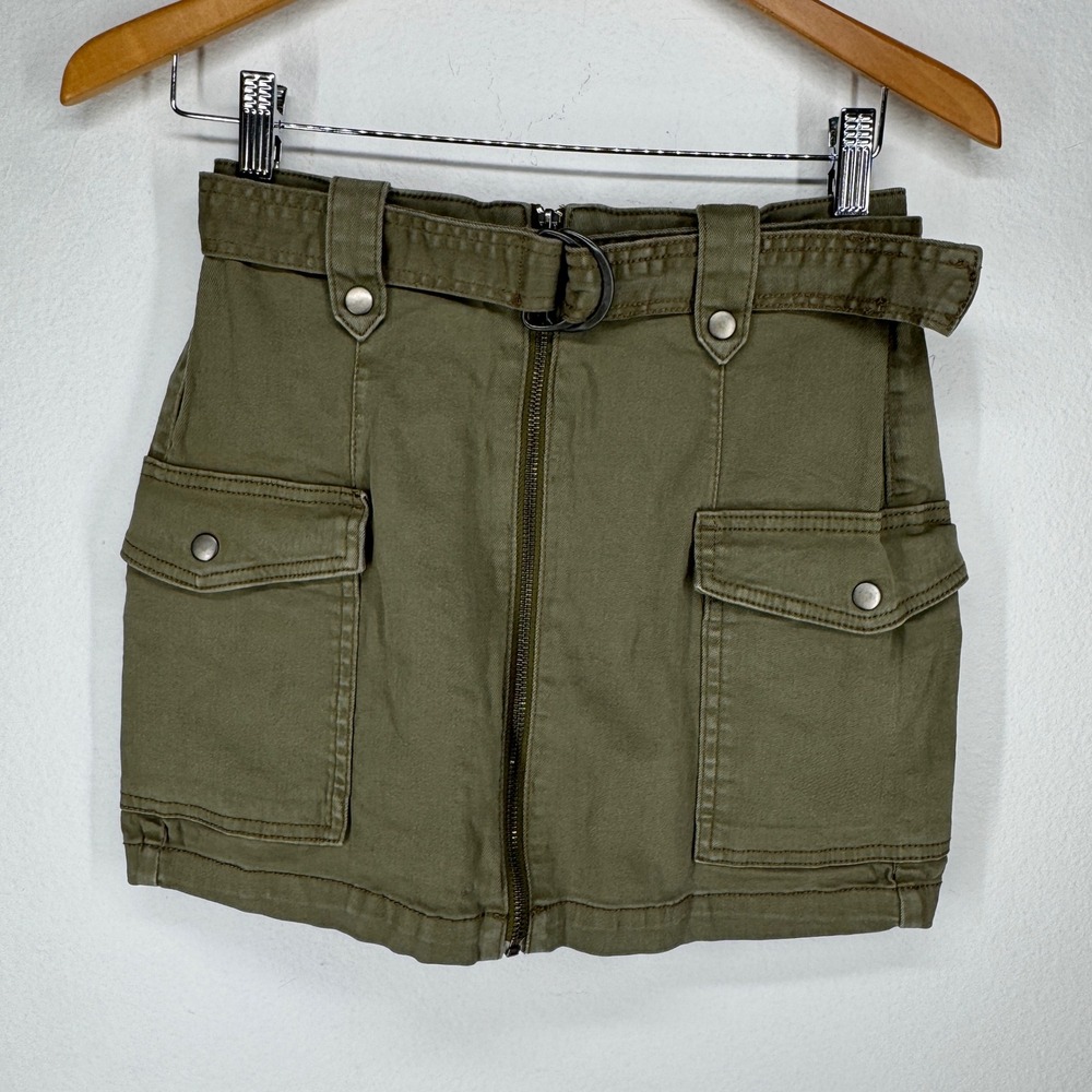Women Military Green Cargo Micro Mini Skirt Belt Zip 5 Grunge Safari Utility Y2K